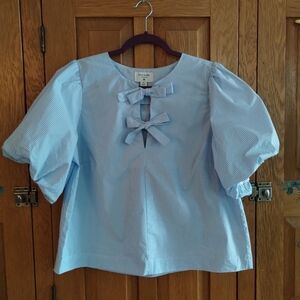Kate Spade x Target blue and white pinstripes puff sleeve bow tie front blouse